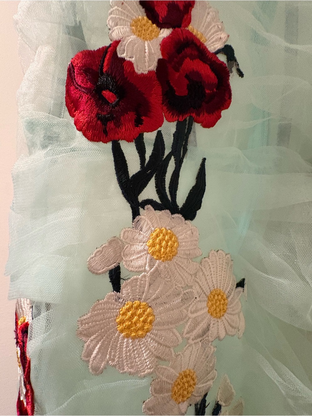 Floral Embroidered Long Sleeve Dress in Mint with Red & White Blooms